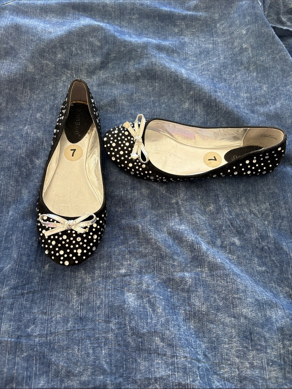 BAMBOO Black Crystal-Studded Ballet Flats with Silver Bow